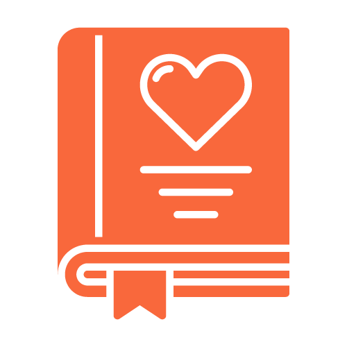 Ein orangefarbenes Buchsymbol mit einem Herz auf dem Cover und einem Lesezeichen am unteren Rand, das die Liebe zum Lesen oder ein Lieblingsbuch symbolisiert.