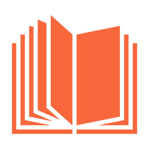 Ein einfaches, flaches orangefarbenes Symbol eines aufgeschlagenen Buches mit mehreren aufgefächerten Seiten auf einem hellgrauen Hintergrund.
